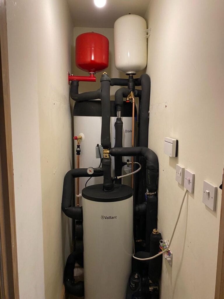 Compact boiler system in a narrow utility space.