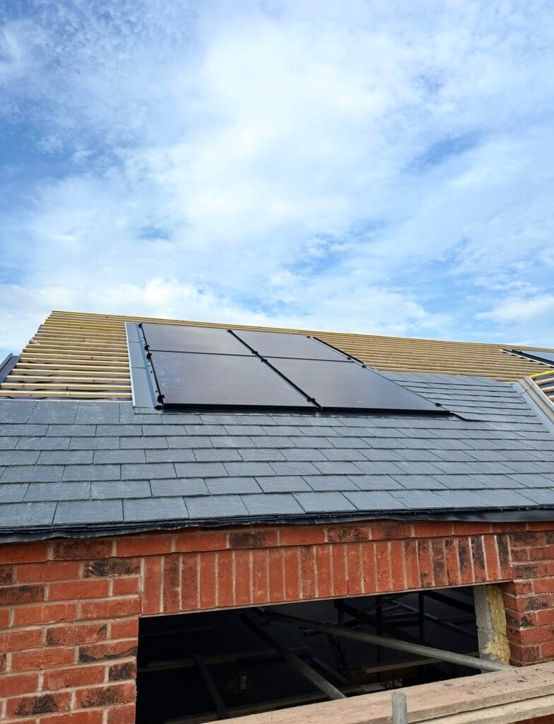 Brick building with solar panels on roof