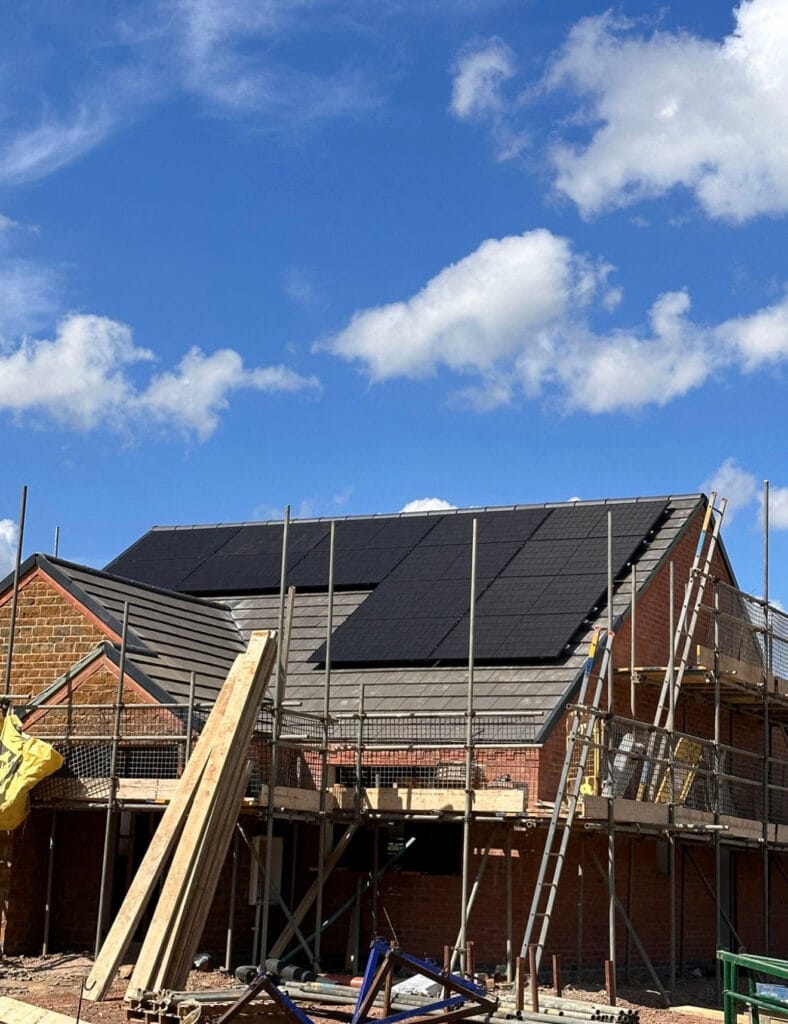 New house with solar panels under construction.