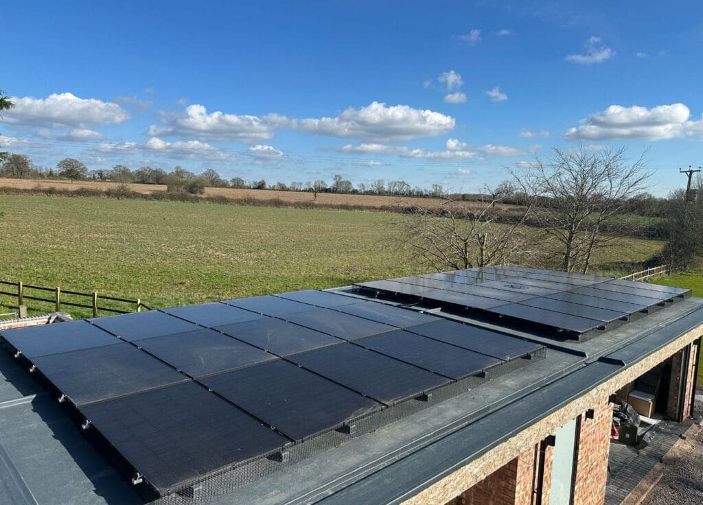 Solar panels on roof in countryside setting