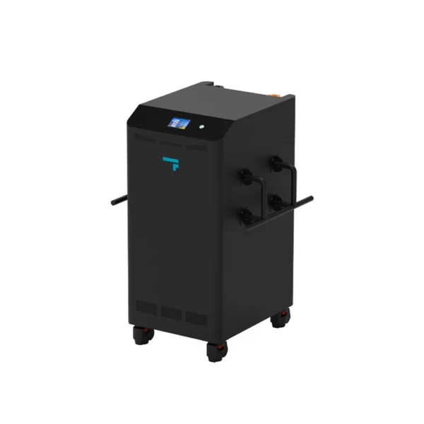 Black industrial filtration machine with wheels and handles.