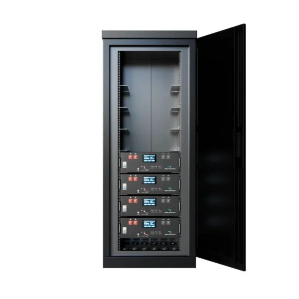 Open server rack with equipment displayed.