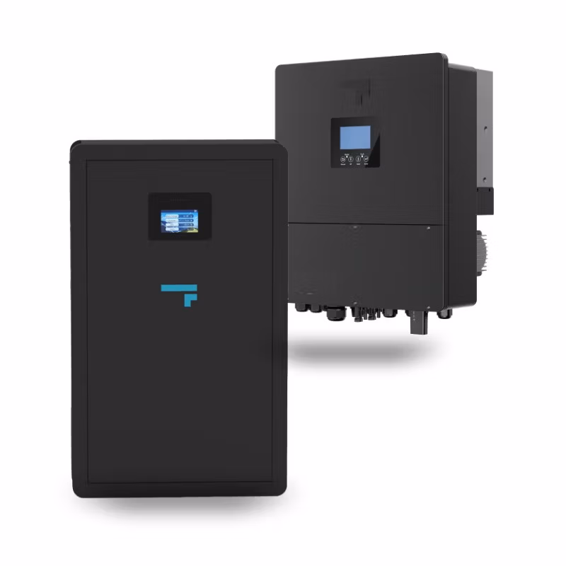 Black wall-mounted solar inverter and battery units