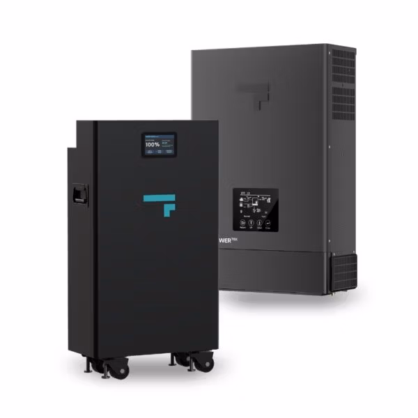 Two black industrial battery storage units