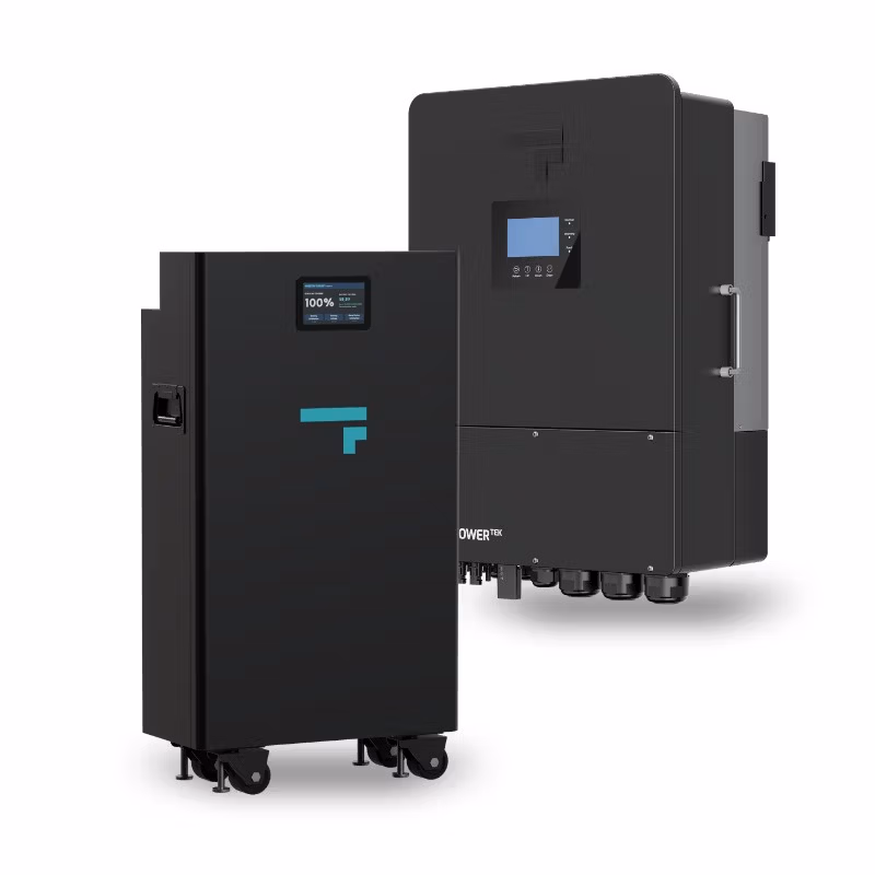 Two black home battery storage units with displays