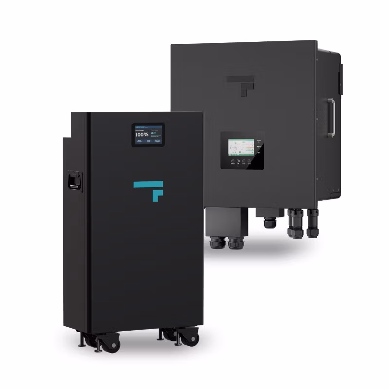 Black home battery storage units with digital displays