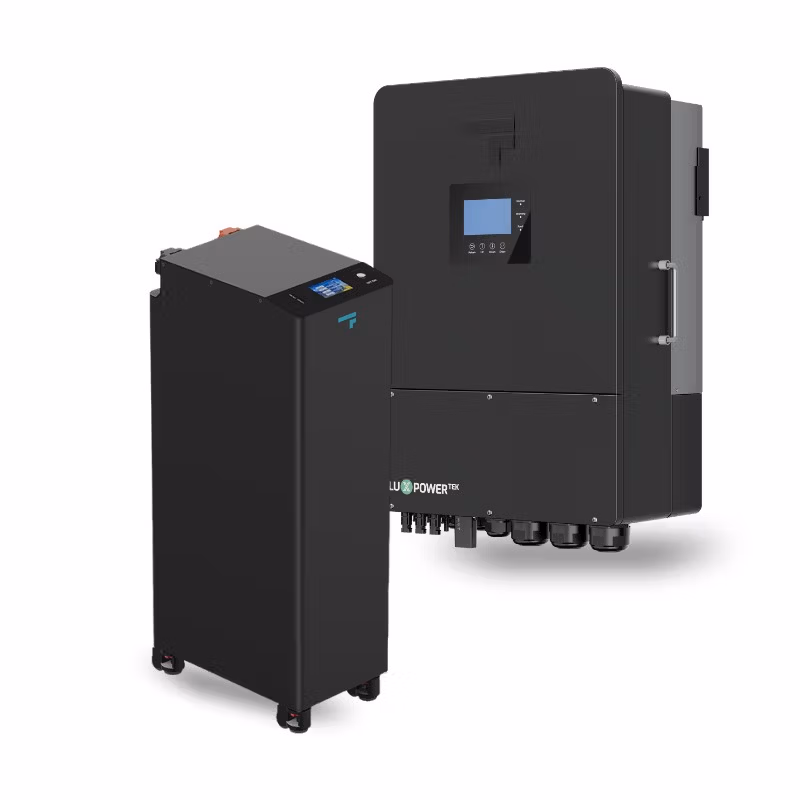 Black industrial battery storage units with display screens