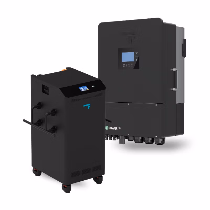 Two black industrial battery storage units with displays